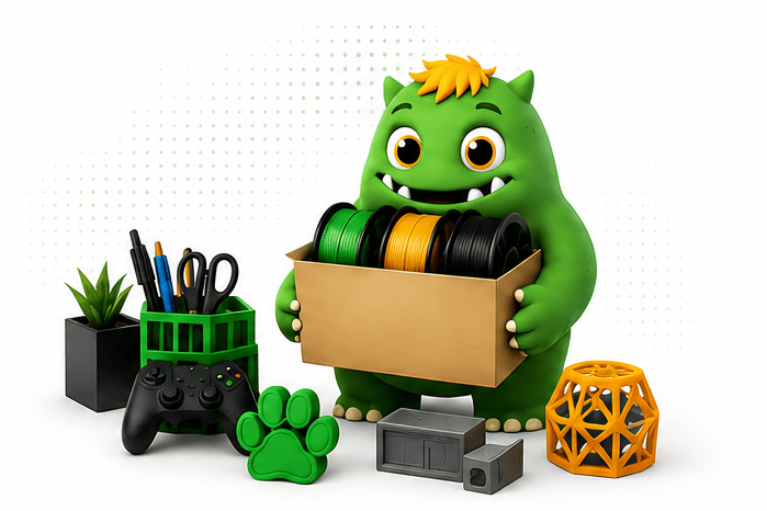 Mascote iMonster 3D, um monstro verde simpático, carregando uma caixa com filamentos de impressão 3D